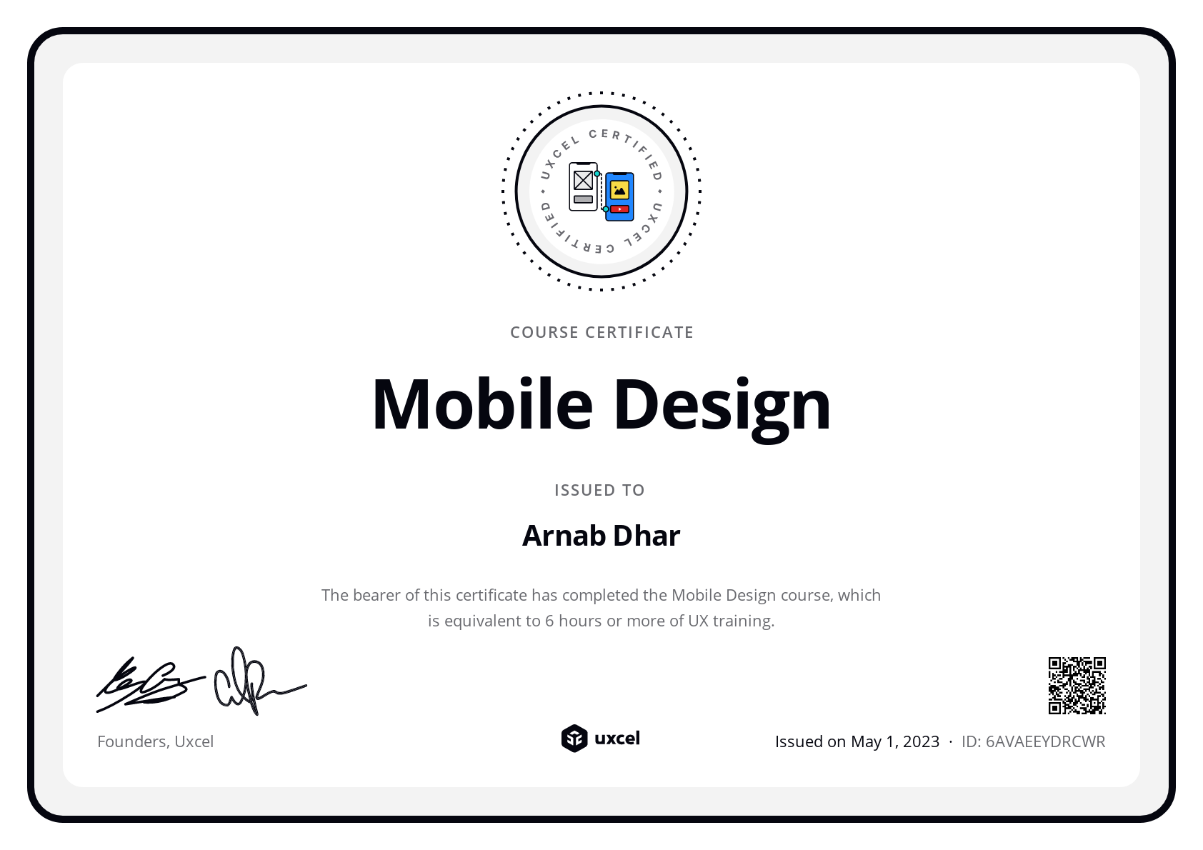Arnab Dhar's certificate